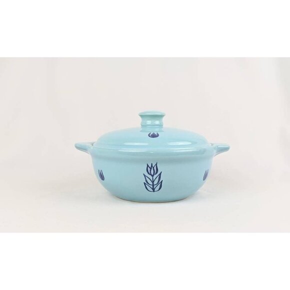 Set of 2 Blue Tulip Pottery Bowls | MCM Blue Crock Pot Individual Casserole Soup - Picture 5 of 9